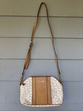 Calvin Klein Tan and White Logo Panel Crossbody Bag